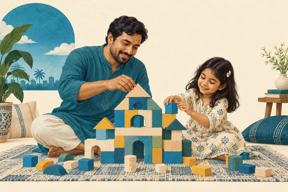 A father and child building with colourful blocks on the floor