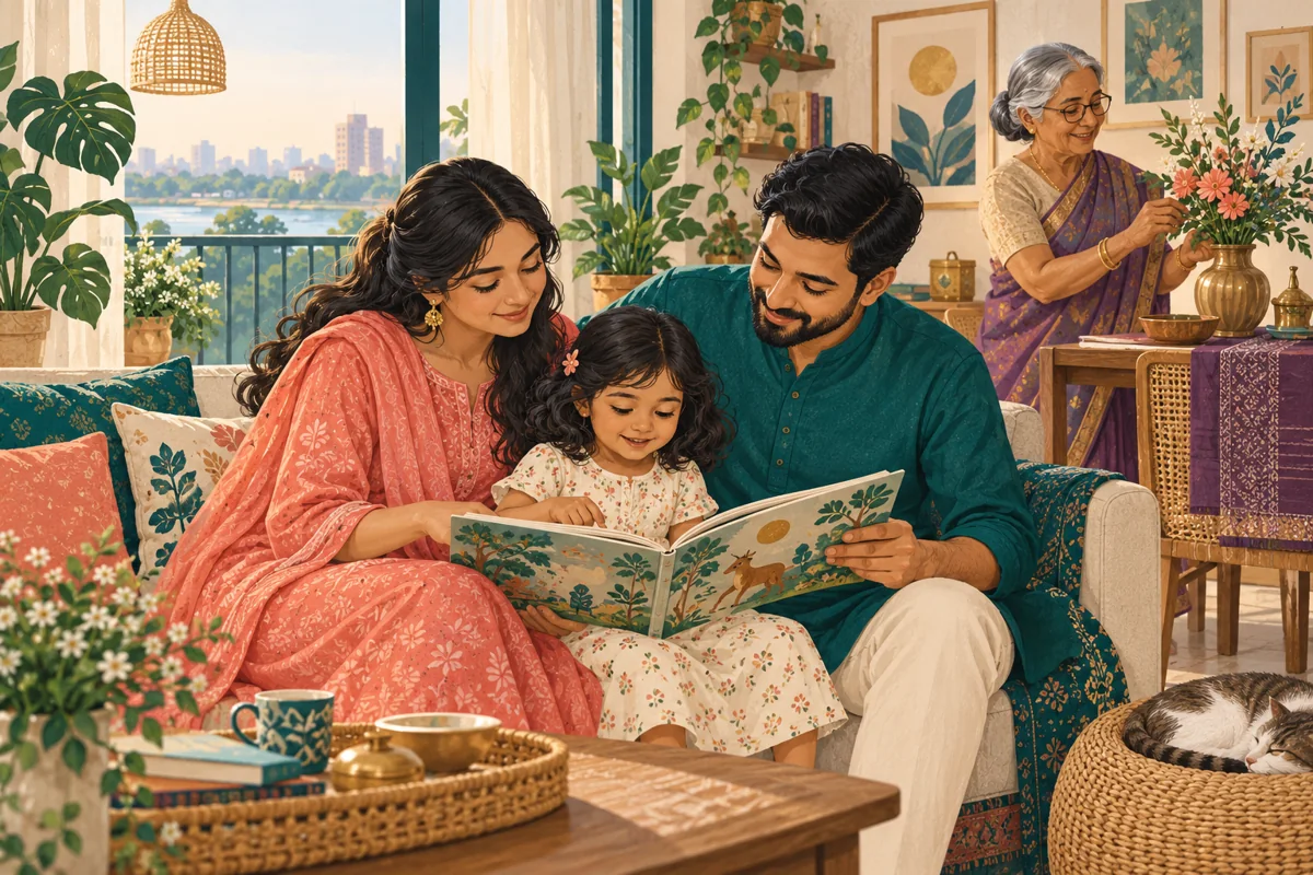 Parents and a child reading together, with a grandmother tending plants behind them