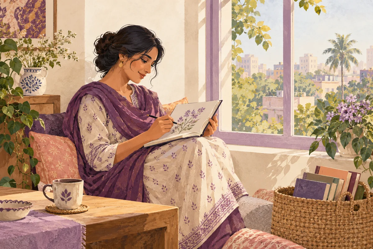 বারান্দায় বসে একজন নারী নিজের খাতায় আঁকছেন