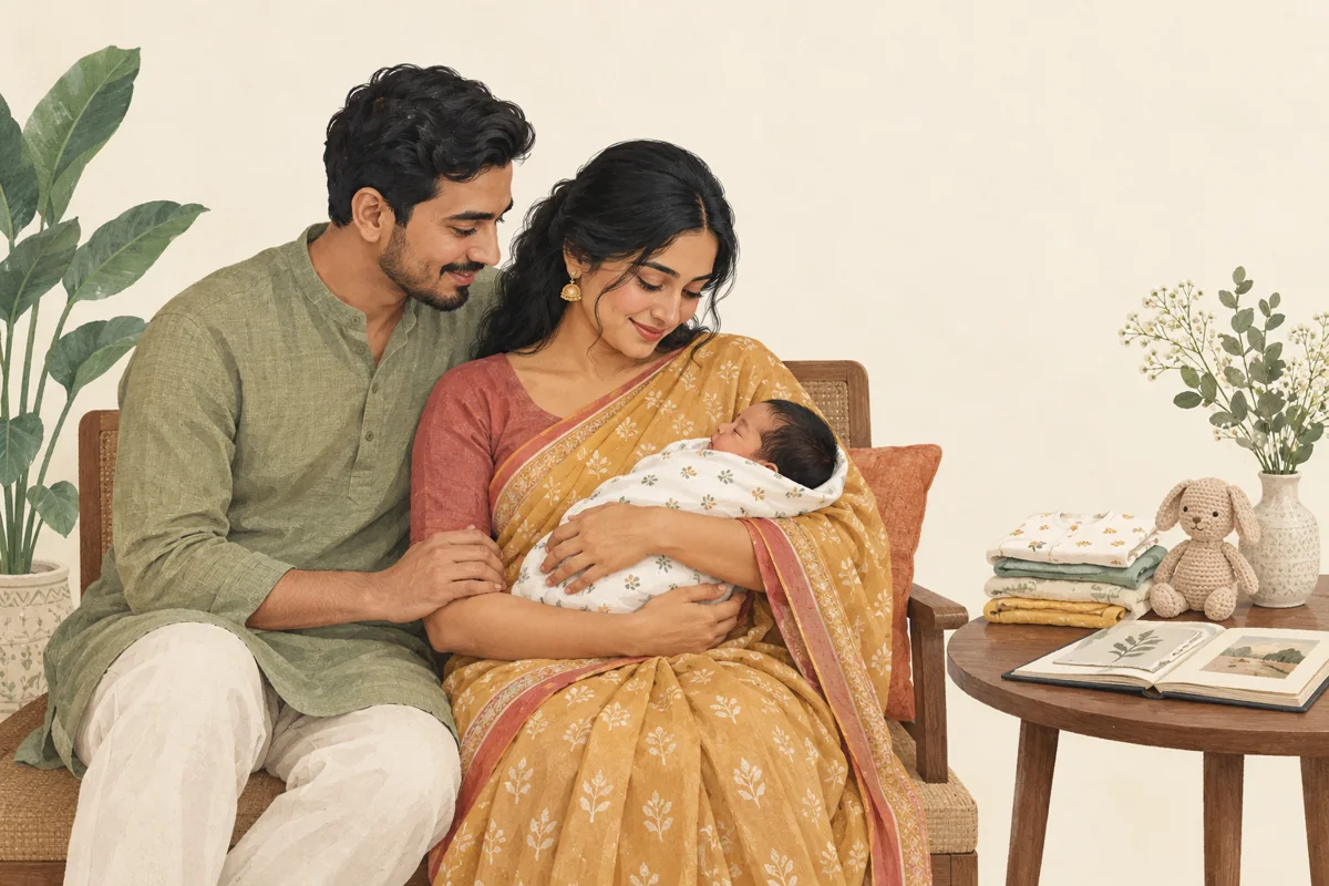 বাবা-মা পাশাপাশি বসে কোলে থাকা নবজাতকের দিকে তাকিয়ে আছেন