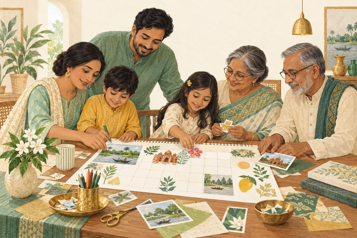 Several generations working together with paper and pictures around a table