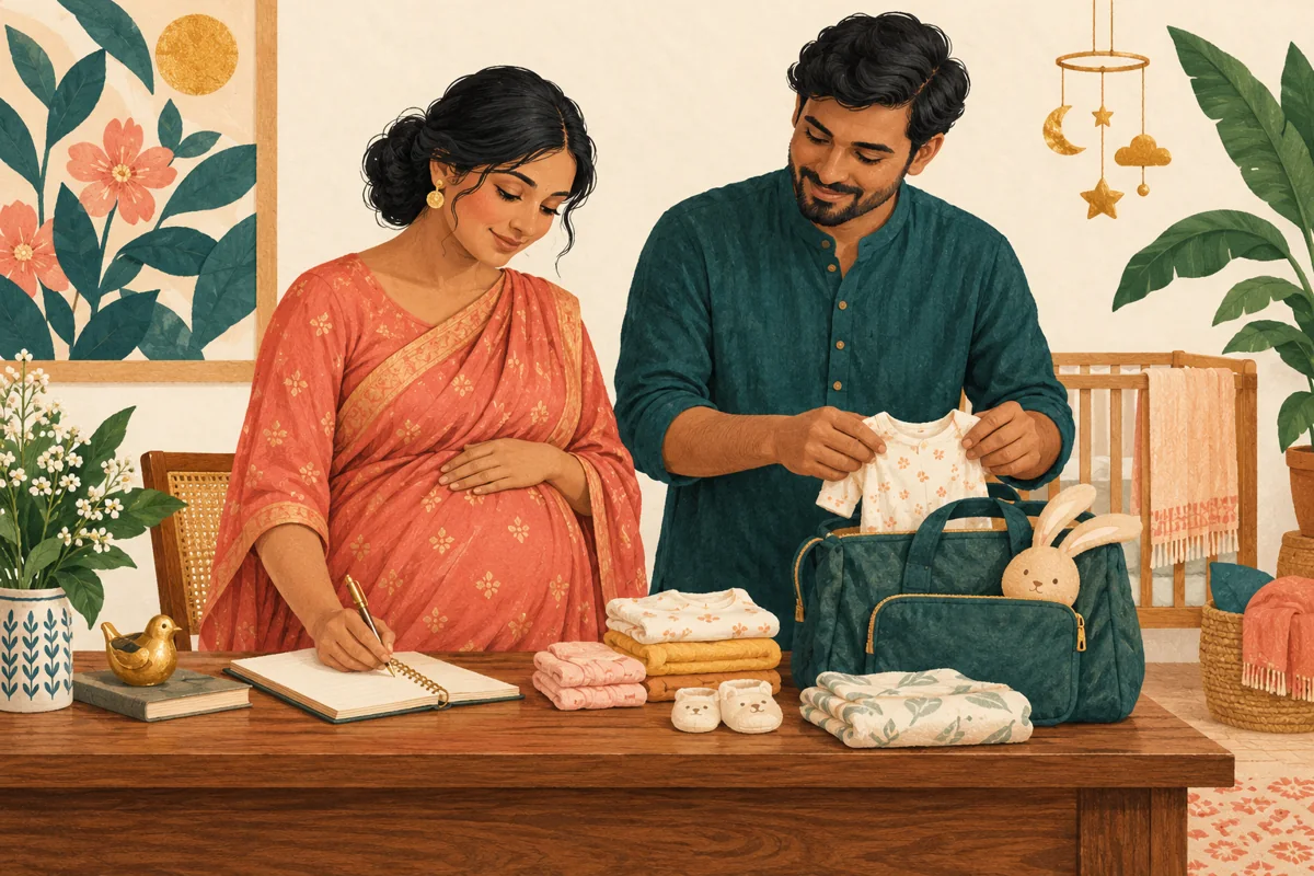A pregnant woman and her partner arranging clothes, a notebook and a bag