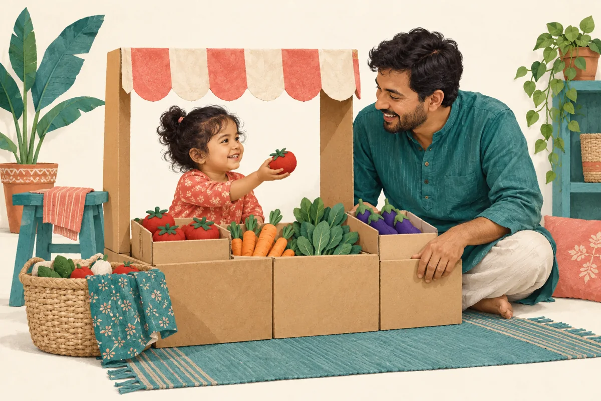 A toddler and father playing at a pretend market made with cardboard boxes