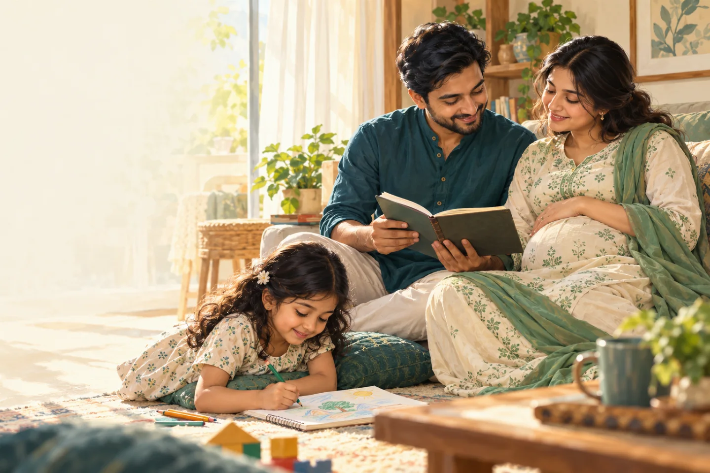 ঘরে সন্তানসম্ভবা মা ও সঙ্গী একটি খাতা দেখছেন, পাশে শিশু আঁকছে